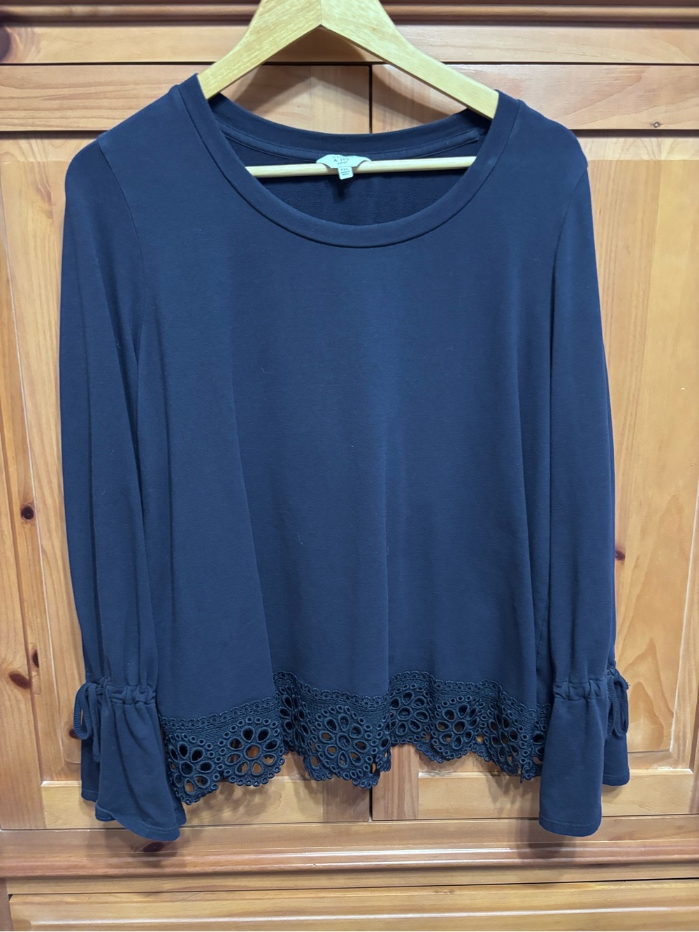 crown & ivy Black Long-Sleeve Tee with Crochet Hem and Tie Cuffs